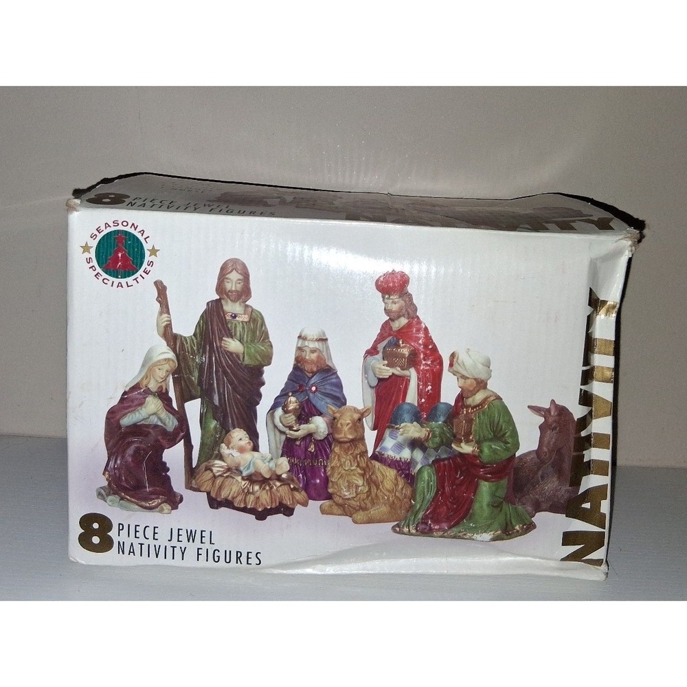 Vintage 1990s 8 Pc Nativity Set Resin Jewel Figures With Box